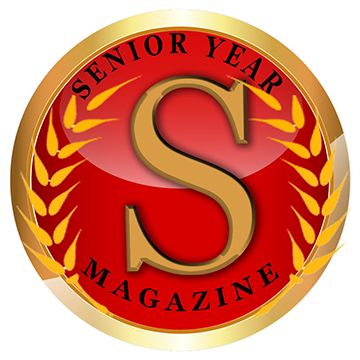 Circular logo design for Senior Year Magazine with a gold border and red background featuring a large golden letter S.