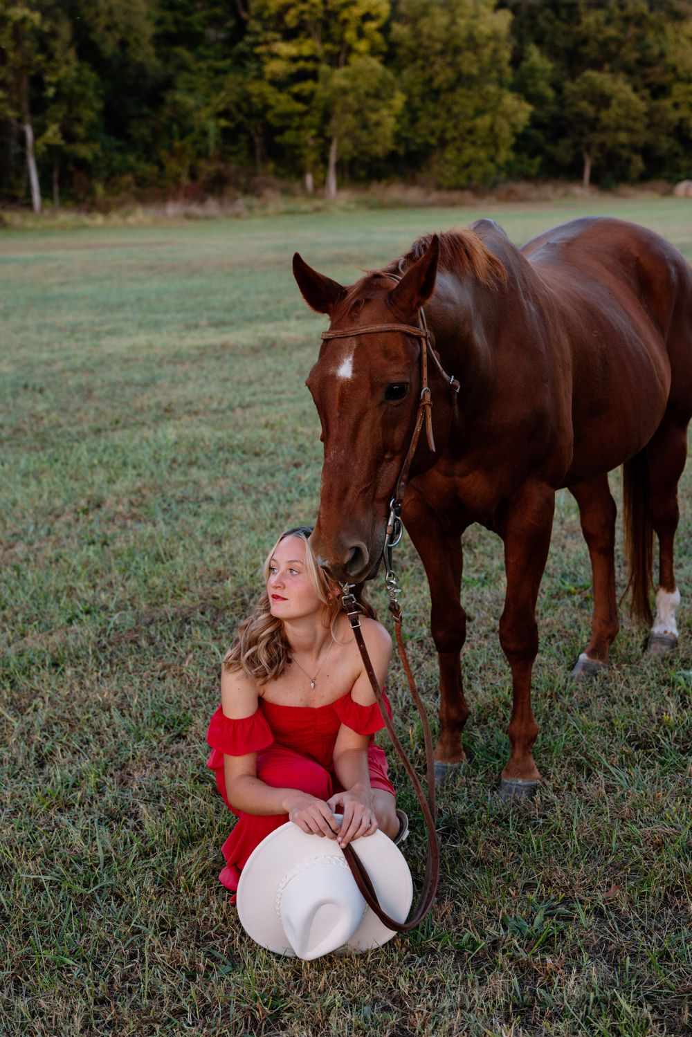 Person in red dress sits with brown horse in grassy field at dusk.
