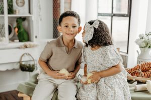Five connected photos showing a casual indoor gathering with people in cozy home settings preparing and enjoying food together.