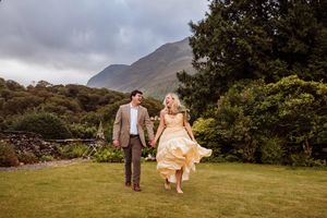 A series of elegant outdoor wedding photos showing couples celebrating against scenic mountain landscapes.