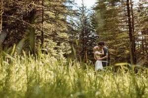 Person in workout attire performs yoga poses in a peaceful forest setting with sunlit tall grass and evergreen trees.
