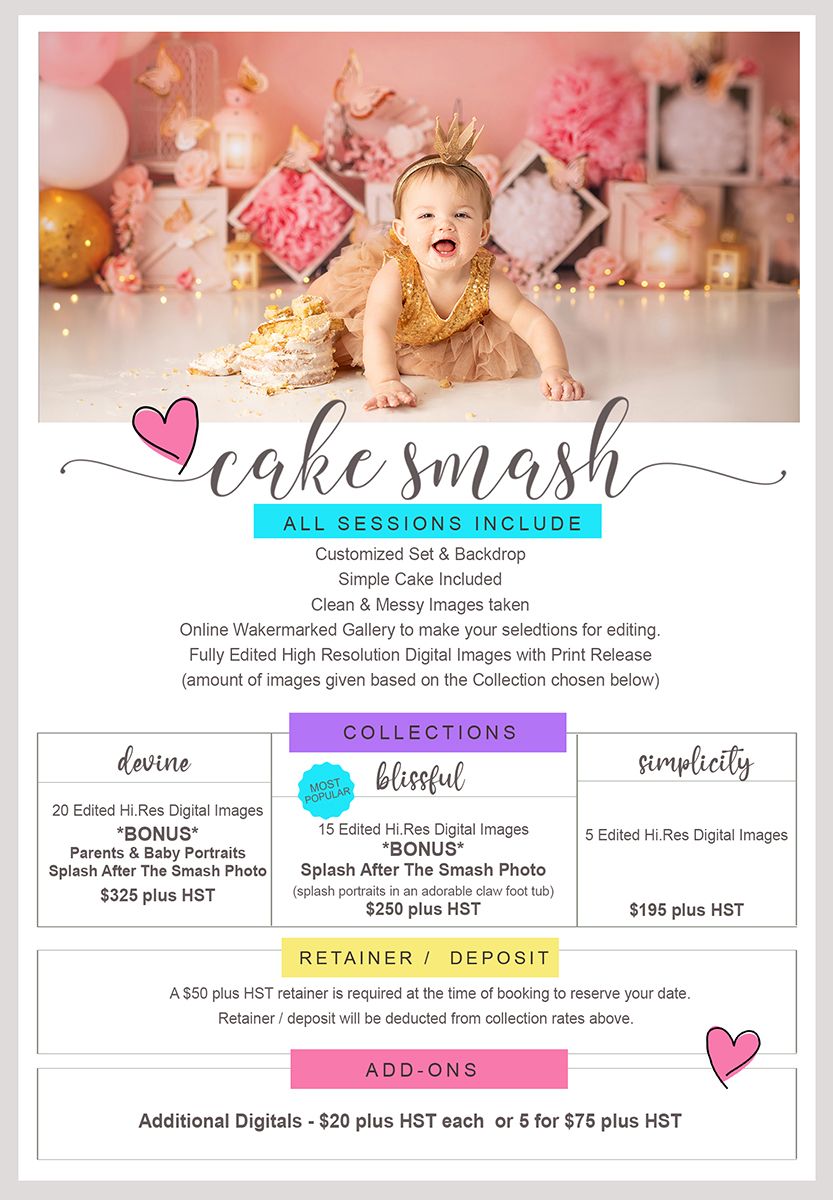 Cake smash photography session pricing guide featuring a baby in a crown smashing a cake, with collection options and add-ons.