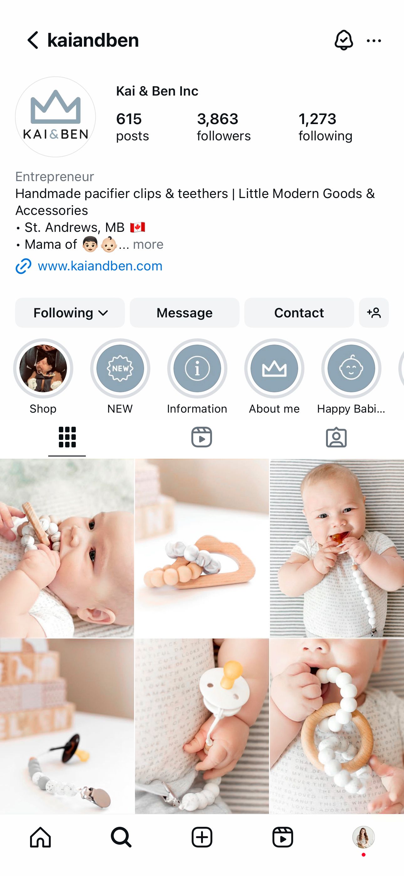 Instagram profile of Kai & Ben Inc showing handmade pacifier clips and teethers with baby lifestyle product photos.