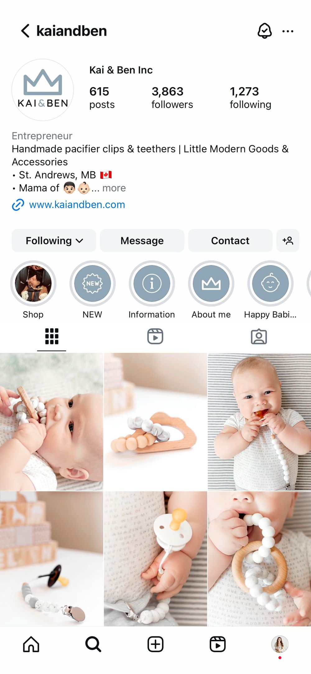 Instagram profile of Kai & Ben Inc showing handmade pacifier clips and teethers with baby lifestyle product photos.