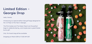 Limited edition Georgia Drop kids golf bags in pink and green displayed on a golf course green with colorful Easter eggs.