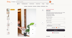 Etsy product listing page showing a tall wooden growth chart ruler leaning against a wall next to a child and plant.