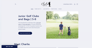 Junior golfer standing on a green fairway with a golf bag, promoting Charlie Golf Co. junior clubs and bags for ages 5-8.