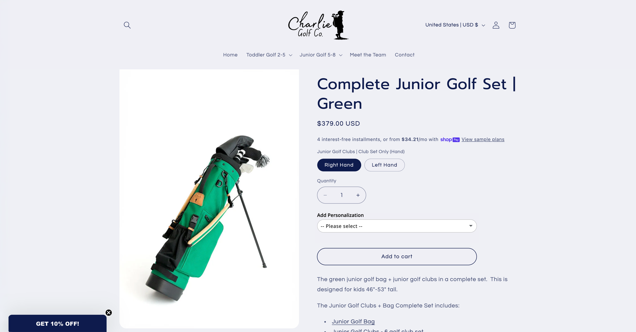 Complete Junior Golf Set in green with bag, designed for young golfers, displayed on a white background.
