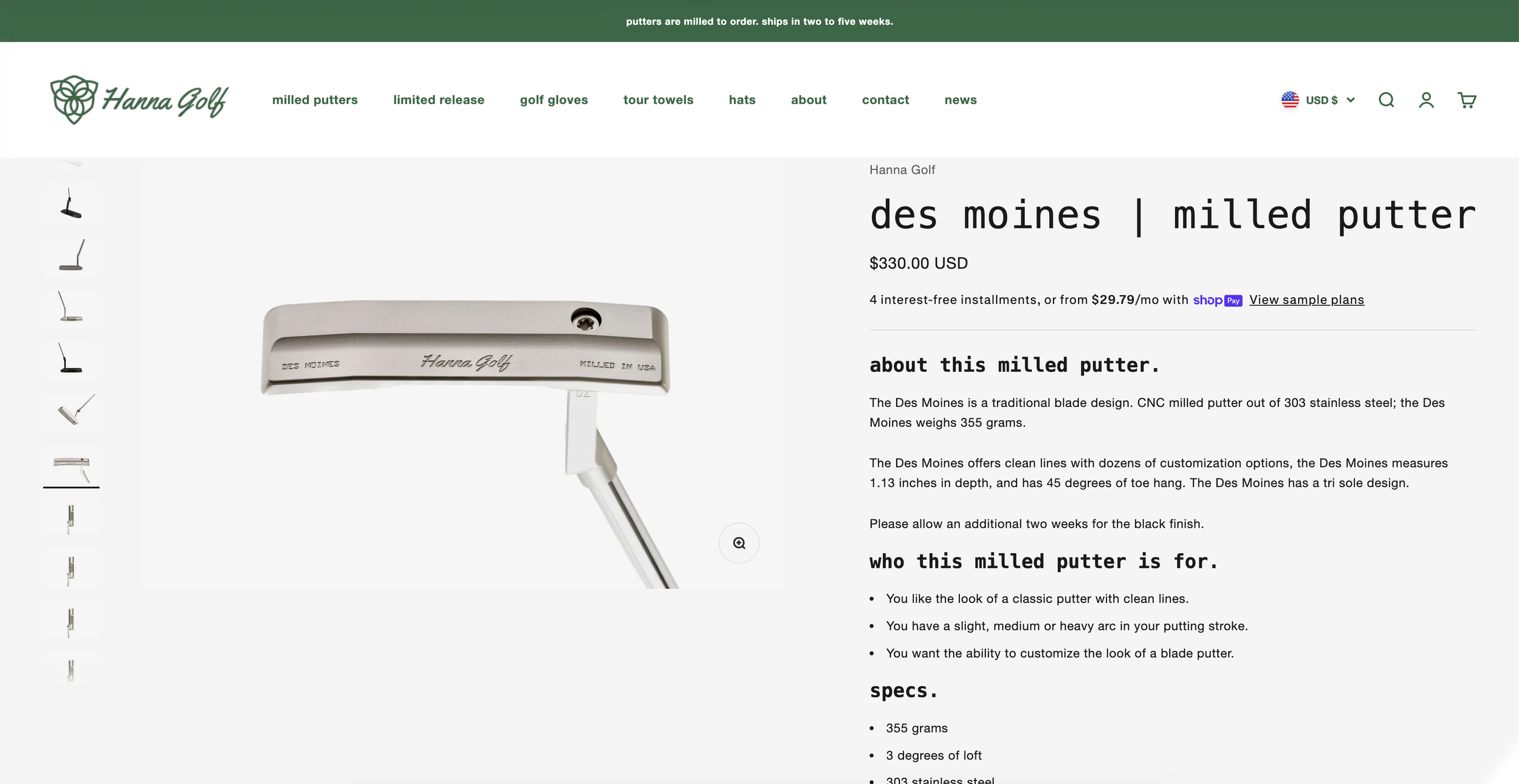 Nicklaus Golf des moines milled putter product page displaying pricing, description, and specifications on a clean white background.