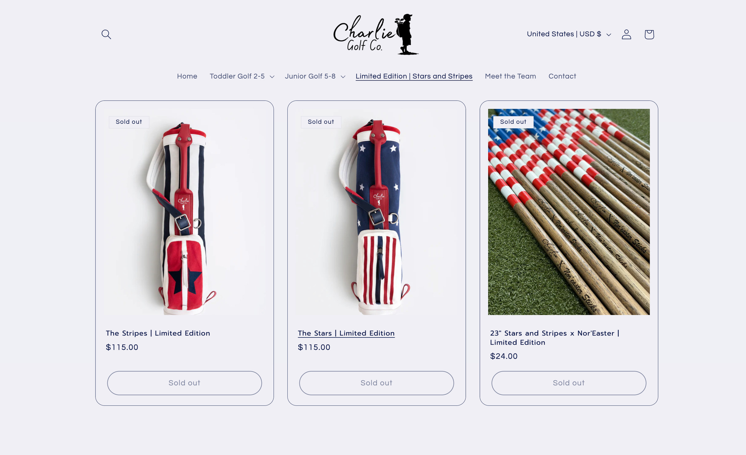 Charlie Golf Co. limited edition Stars and Stripes golf bags and accessories displayed on a white background.