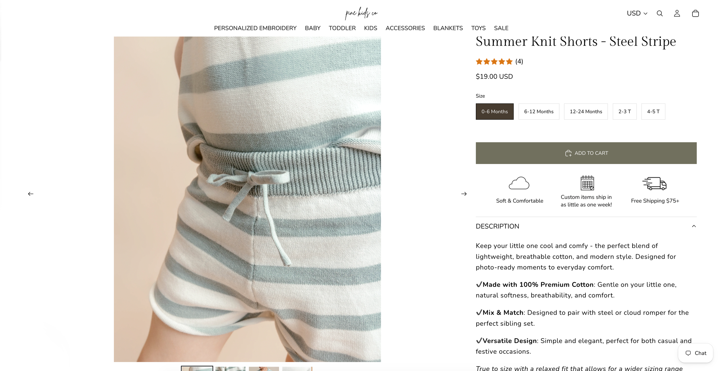 Pregnant woman wearing Summer Knit Shorts in Steel Stripe, featuring a relaxed fit with drawstring waist on a product page.
