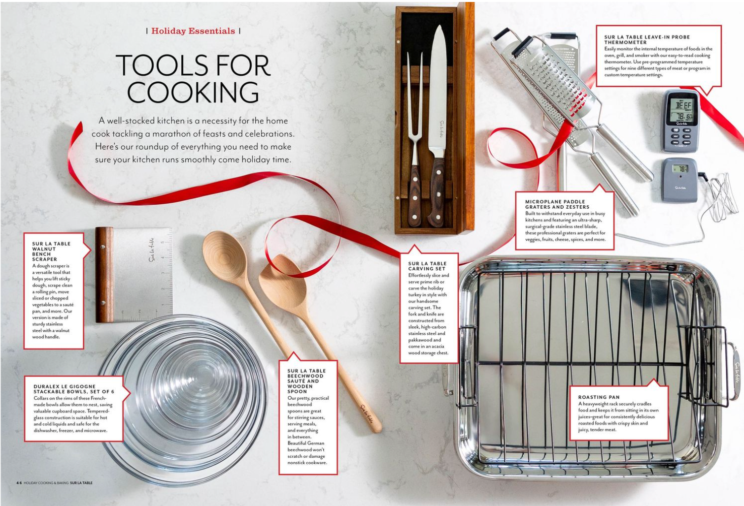 Magazine spread showcasing holiday cooking tools including knives, wooden spoons, mixing bowls, a roasting pan, and kitchen thermometer.