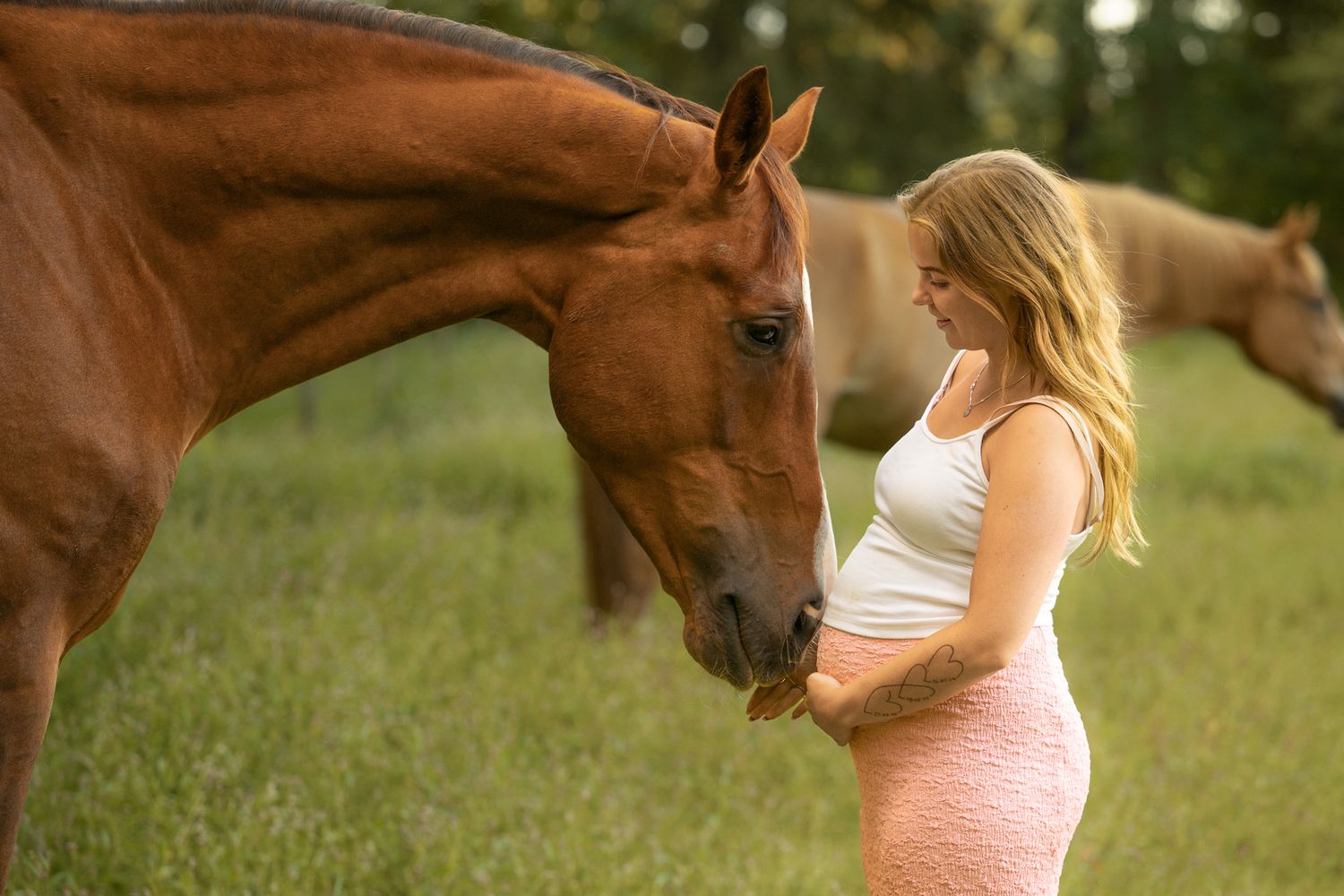 Pregnant woman in pink skirt tenderly interacts with a chestnut horse in a lush green field.