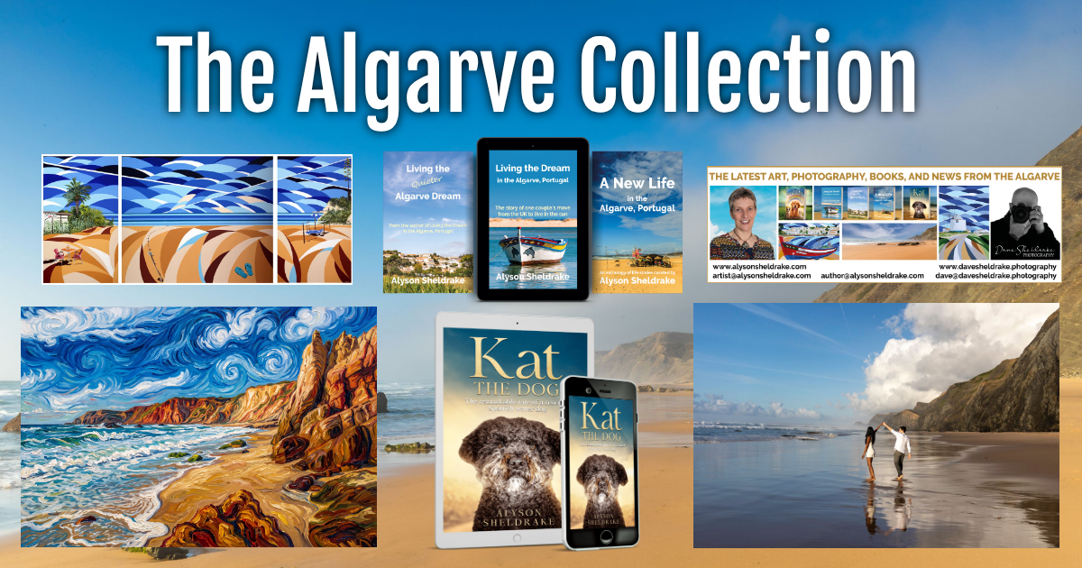 The Algarve Collection featuring books, paintings, and digital content showcasing Portugal's stunning coastal landscapes and culture.