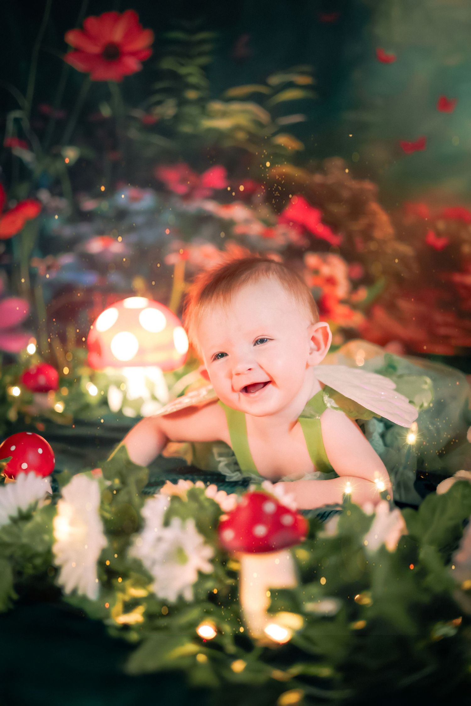 Smiling baby in green fairy costume surrounded by glowing mushrooms and flowers in enchanted forest setting.