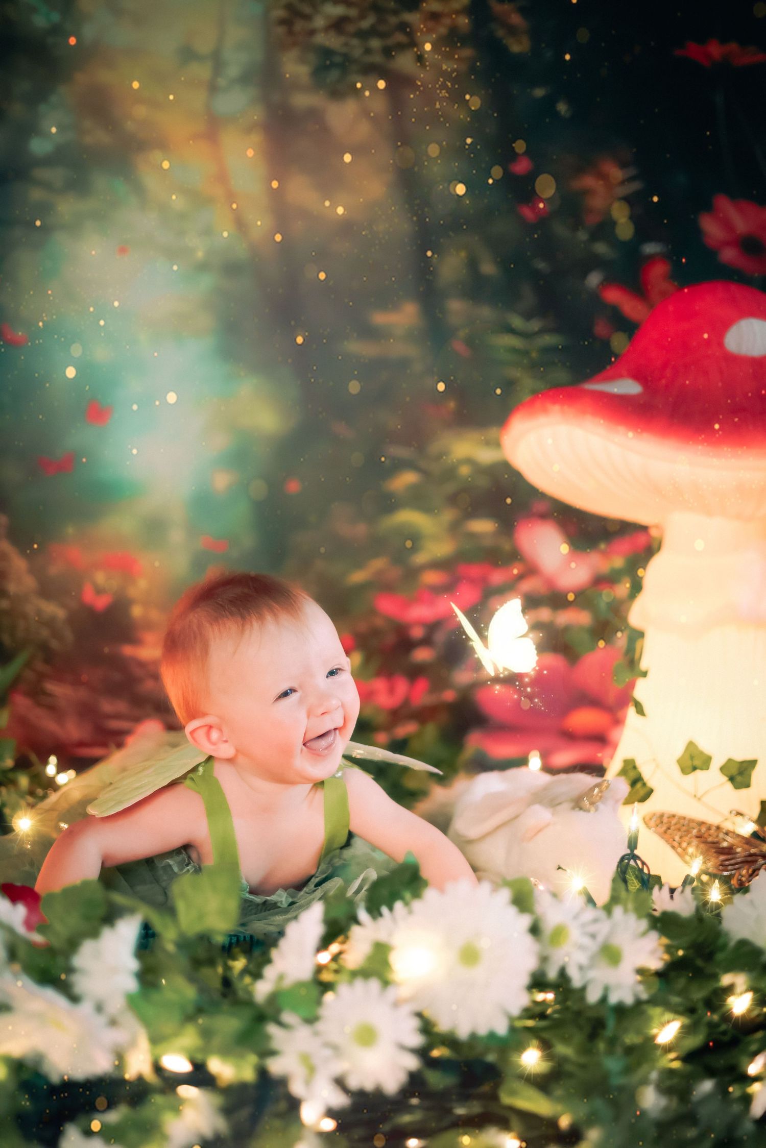 Baby dressed as a fairy with green wings laughing in an enchanted forest with glowing mushrooms and sparkling lights a home session.