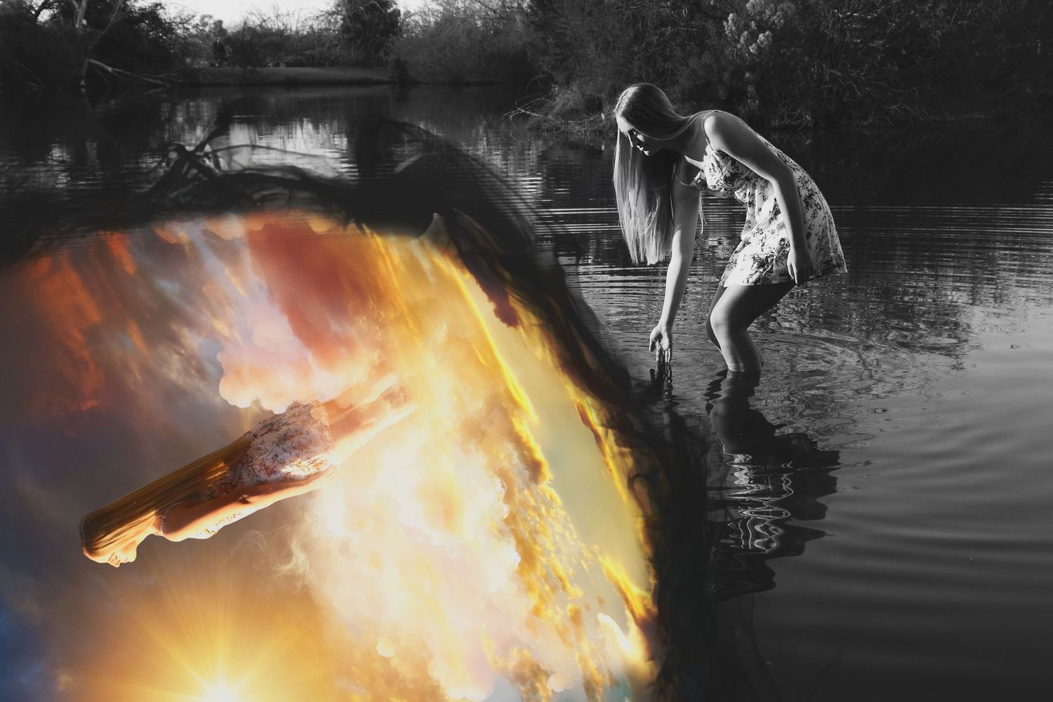 Woman in a light dress wading in a dark lake at dusk, with a fiery sunset glowing through a surreal circular lens frame.