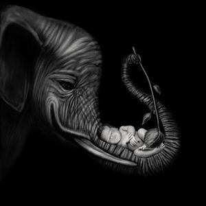 Black and white illustration of an elephant gently cradling sleeping newborn babies on the curled tip of its trunk.