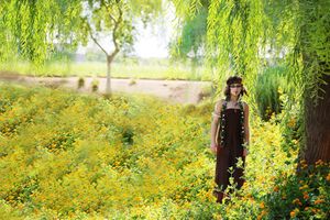 Girl in dark overalls and a headband stands among bright yellow wildflowers beneath weeping willow branches on a sunny day.