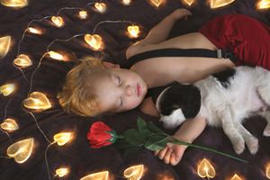 Sleeping toddler in red shorts and suspenders lies on a dark blanket with a red rose and puppy, surrounded by glowing heart lights.