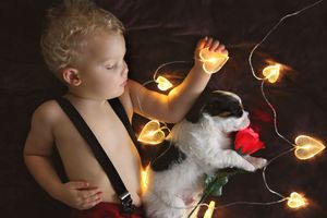 Curly-haired toddler in suspenders lifts a heart-shaped light beside a black and white puppy and red rose with string lights.