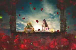 A girl in a stone window gazes at a crowned frog prince among falling red rose petals beneath a dramatic sky.