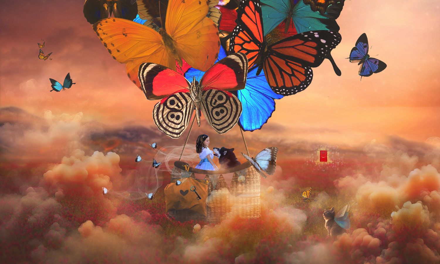 Giant colorful butterflies lift a small basket carrying a figure through glowing orange clouds in a surreal, dreamlike sunset sky.