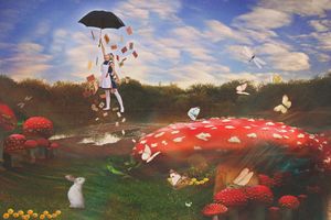 Surreal fantasy scene of a girl floating with a black umbrella above giant red mushrooms, butterflies and a white rabbit in a meadow.