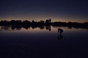 Silhouette of a person crouching at the edge of a calm lake under a starry twilight sky, with trees reflected in the water.