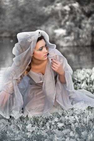 Woman in a sheer hooded gown with jeweled makeup sits among frosty leaves beside a lake in a soft, muted fantasy scene.