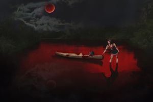 Woman stands beside a canoe on a blood-red lake beneath a dark red moon in a dramatic, eerie fantasy scene.