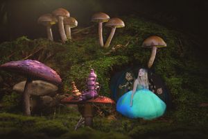 Woman in a teal gown sits in a tiny mossy doorway surrounded by giant mushrooms in a fantasy Alice in Wonderland inspired scene.