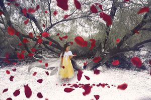 Girl in a yellow dress stands beneath a bare tree as red rose petals swirl around her on a snowy ground.