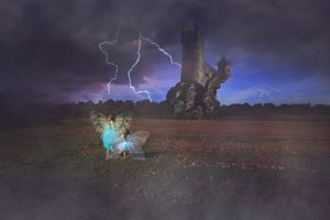 Two glowing winged fairies stand in a dark field facing a stone tower under a stormy sky split by lightning bolts.