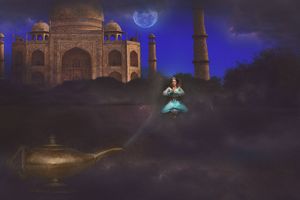 Arabian Nights inspired scene of a woman in teal sitting on a cloud near a golden magic lamp, with a palace and moon behind her.
