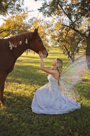 A girl in a flowing pale gown with fairy wings kneels in a sunny orchard and reaches out to touch a brown horse.