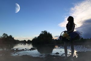 Silhouette of a girl in a tutu holding a flower basket beside a reflective pond under a crescent moon at dusk.