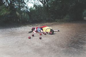 Girl in a storybook princess dress lies on a dirt path with a basket and red apples scattered around her.