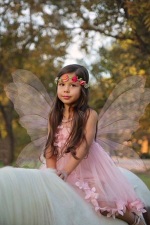 Young girl in a pink tulle dress with fairy wings and a floral crown sits on a white horse among autumn trees.