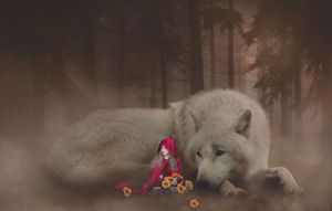 Tiny girl in a red hood with orange flowers rests beside a giant white wolf in a misty, dark fantasy forest.