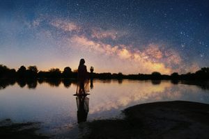 Silhouette of a person standing in a calm lake under a starry night sky with the Milky Way glowing at dusk.