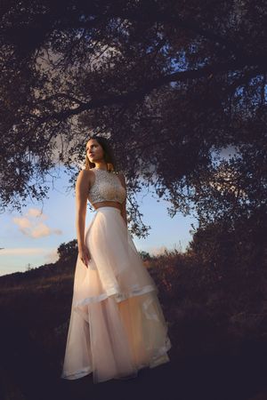 Woman in a white beaded crop top and flowing tulle skirt stands under a dark tree against a twilight sky.