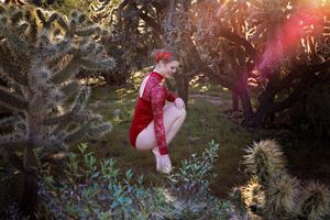 Ballerina in a red leotard with a red flower in her hair crouches on tiptoe amid desert cacti in warm glowing light.