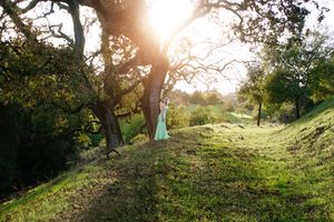 Woman in a flowing aqua dress stands beneath large oak trees on a green hillside as golden sunlight streams through the branches.