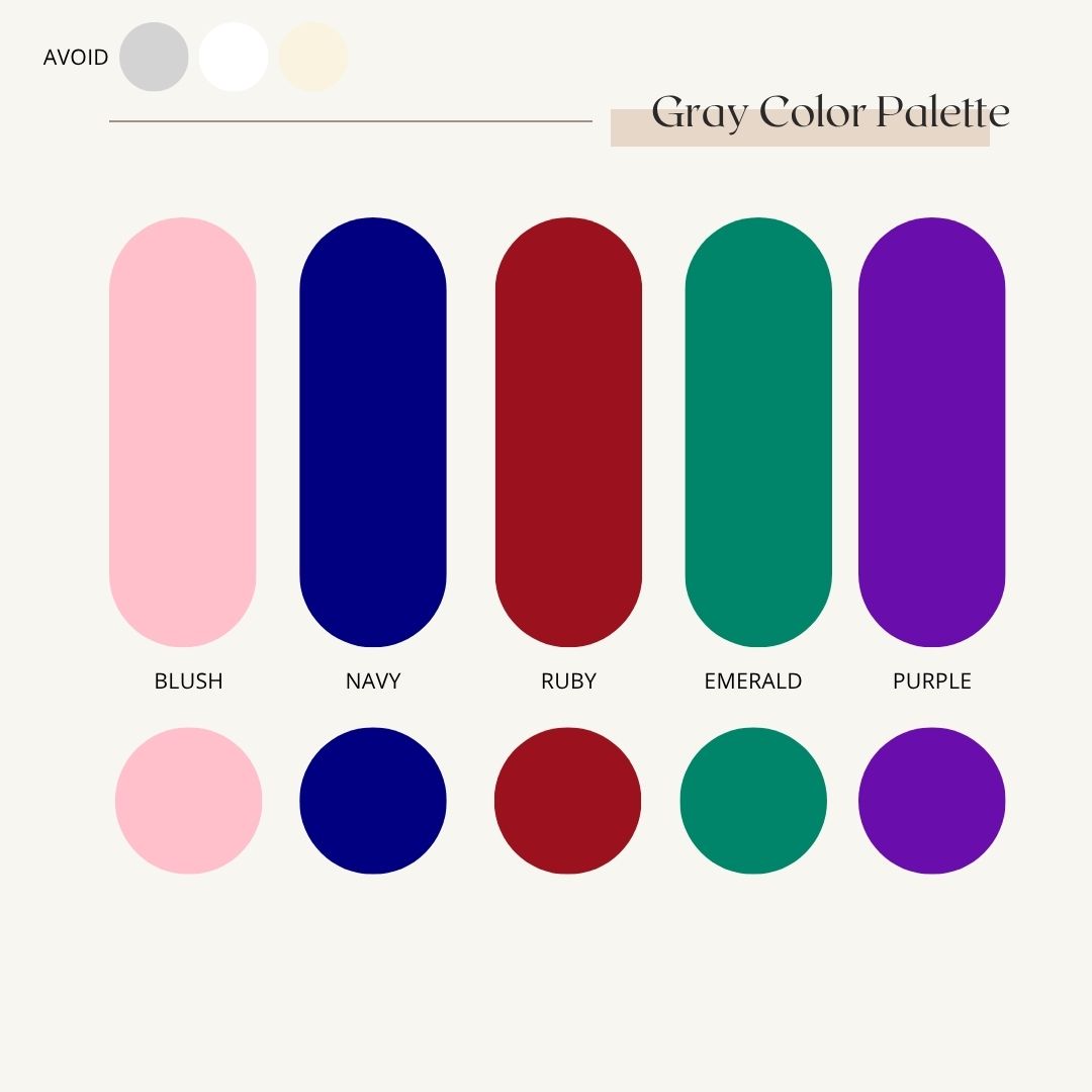Color palette showing five rounded rectangular swatches in blush pink, navy blue, ruby red, emerald green and purple tones.