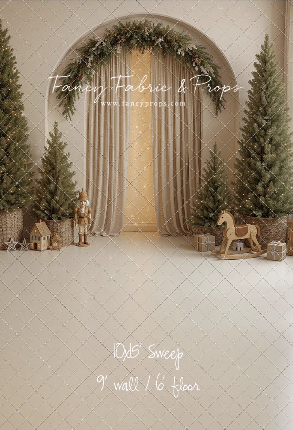 Elegant Christmas photography backdrop with arched doorway, curtains, pine trees, rocking horse, and gifts on white floor.