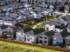 Aerial view of a suburban neighborhood with rows of modern houses, green lawns, and fenced yards on a sunny day.