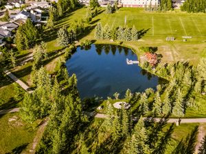 Aerial view of a serene pond surrounded by evergreen trees in a well-maintained urban park with pathways.