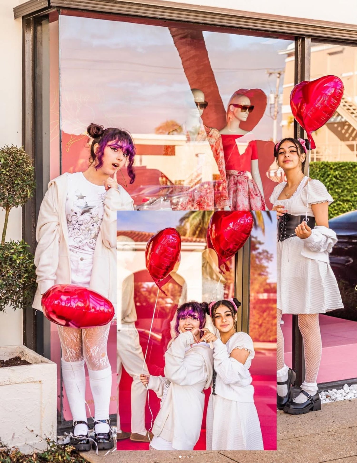 Four young women in white outfits pose with red heart balloons outside a Valentine's Day themed storefront on worth ave palm beach fl.