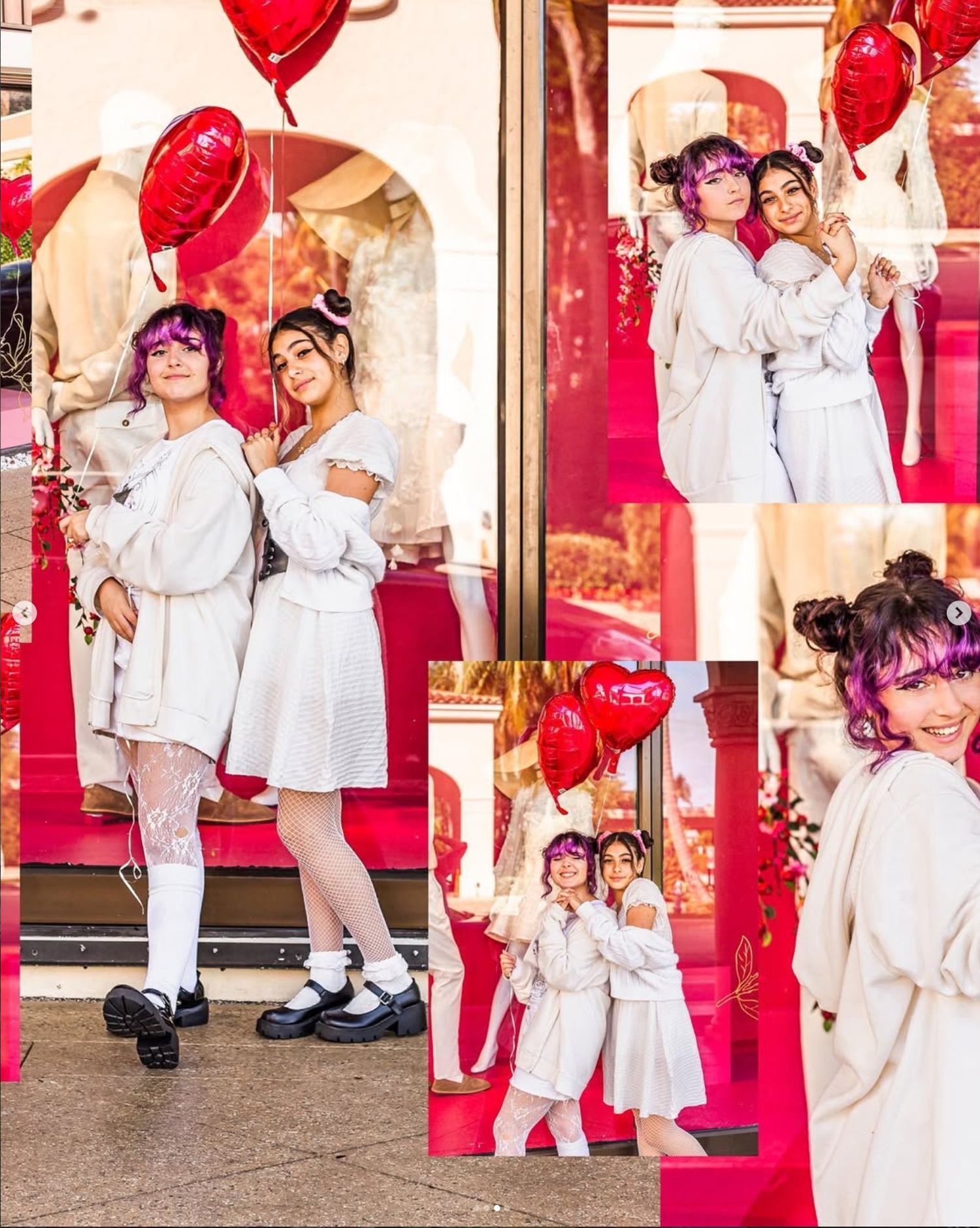Two women in white outfits pose with red heart balloons in a Valentine's Day photo collage on worth ave palm beach fl.